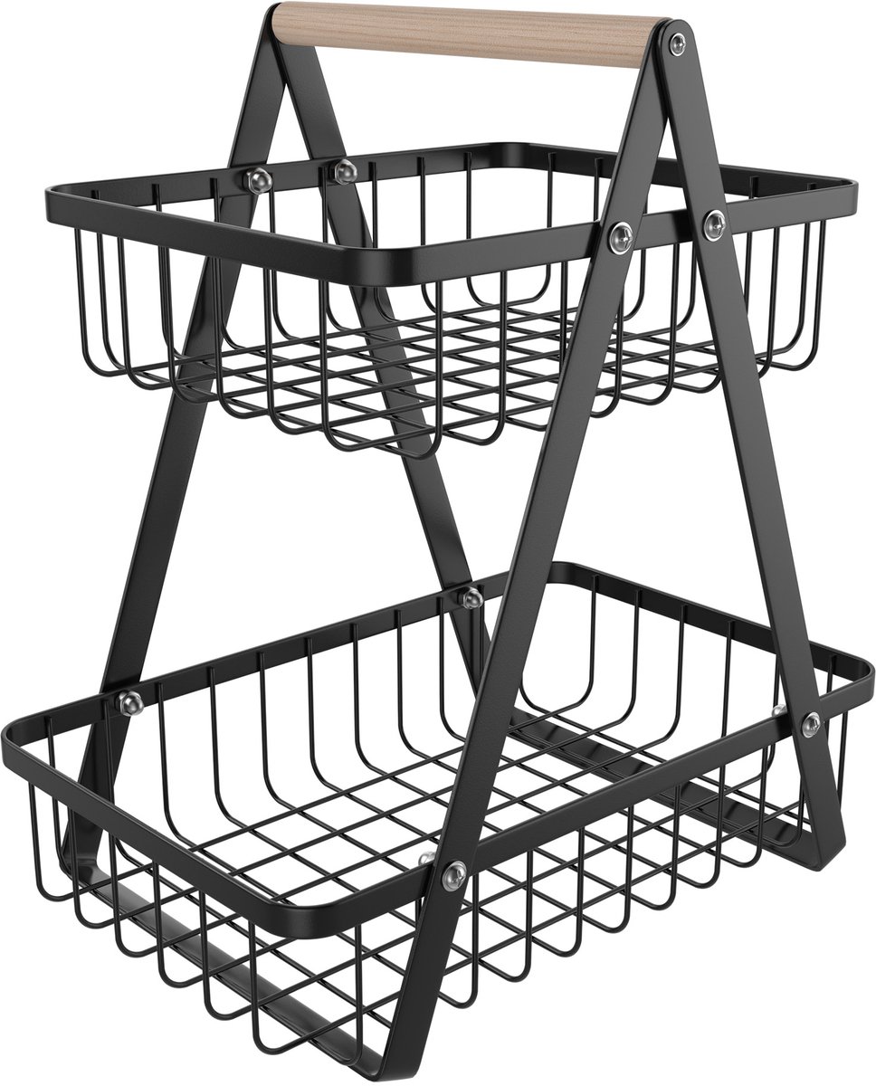 Aufun 2-laagse fruitmand - Zwart - Keukenopbergmand voor fruit, groente en taarten
