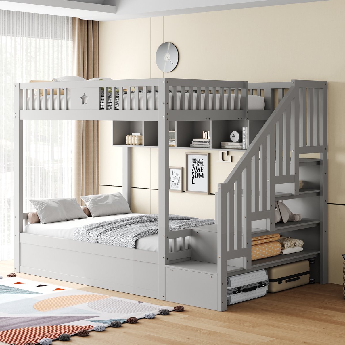 OKWISH Houten Bed 140x200cm - Hoogslaper Met Veiligheidshekken - Hydraulisch Onderbed Met Opbergvakken - Jongenskamer - Massief Hout - Grijs - Zonder matras
