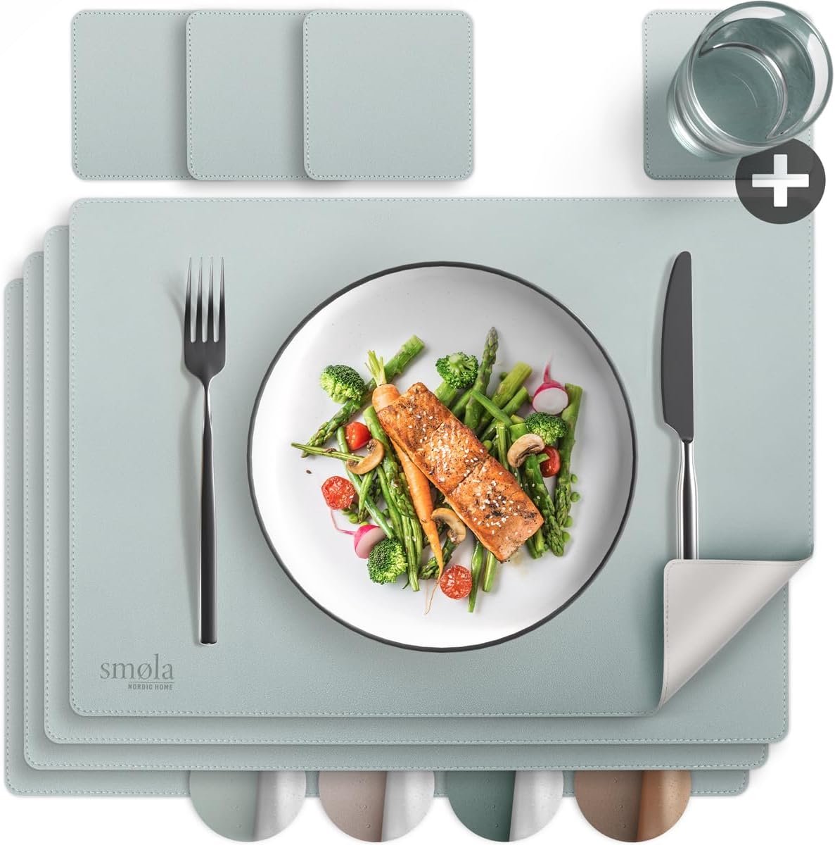 8-delige Set PU-leren Placemats - Omkeerbaar & Afwasbaar Tafelonderlegger Set Blauw/Zilver