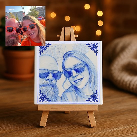 Persoonlijk Delfstblauw Tegeltje van Jouw Foto 15 x 15 cm – Uniek Cadeau met Hond, Huisdier, Motor, Auto of Koppel – Keramisch Tegel - Tegeltjes met tekst