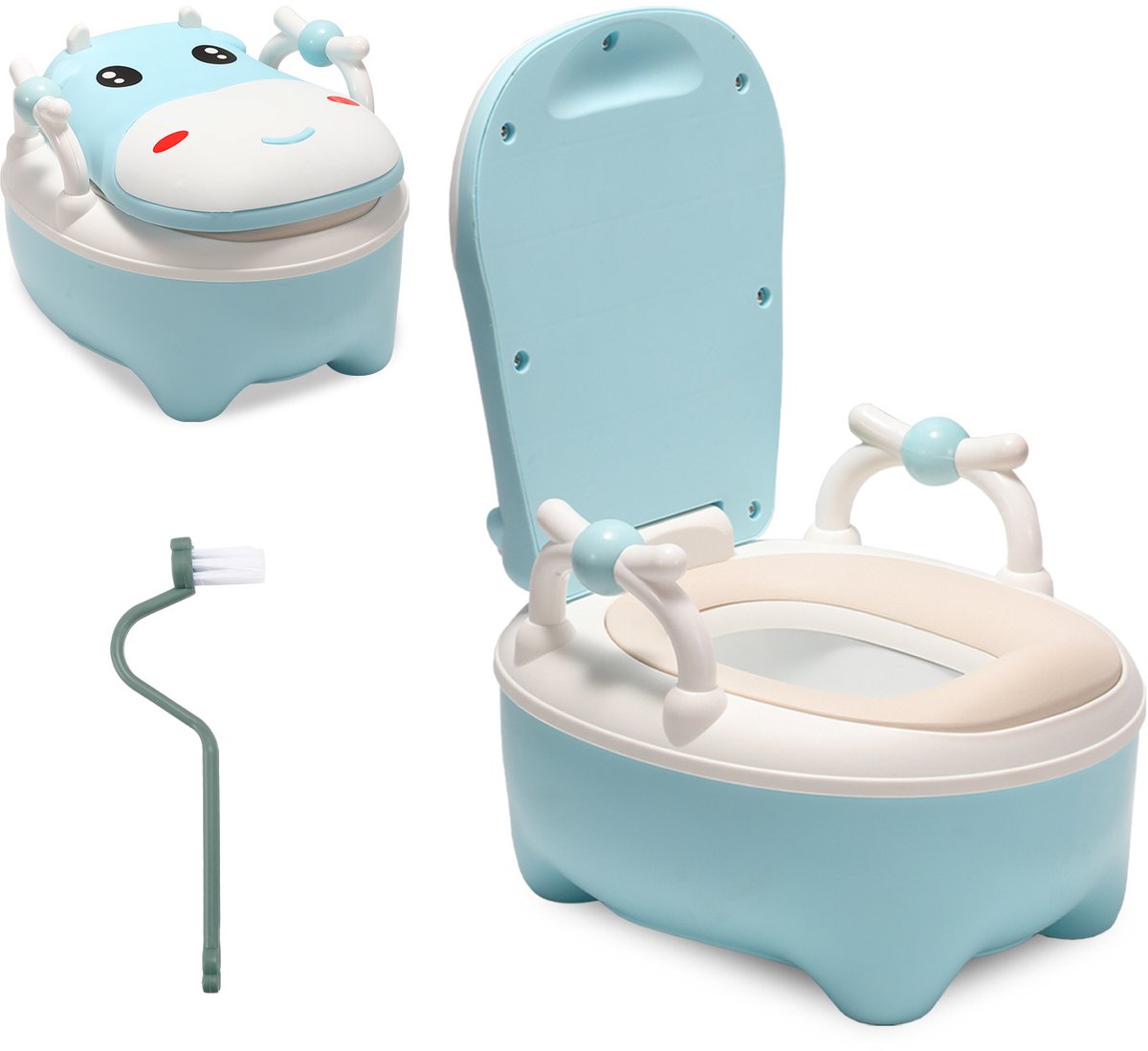Reis plaspotje voor kinderen – lichtgewicht kinderpotje met koe design en spatbescherming Blauw