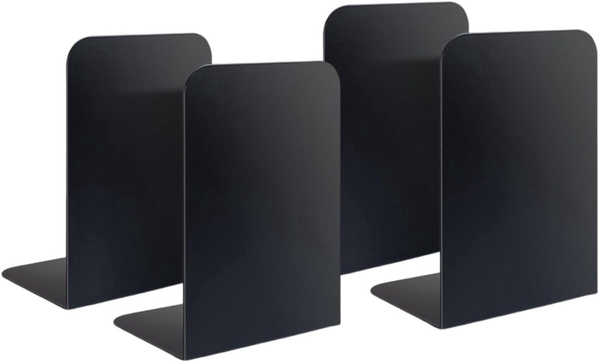 Stunq® Stijlvolle Set van 4 Metalen Boekensteunen - Non-Slip, Zwart, 21 x 9 x 13.5 cm