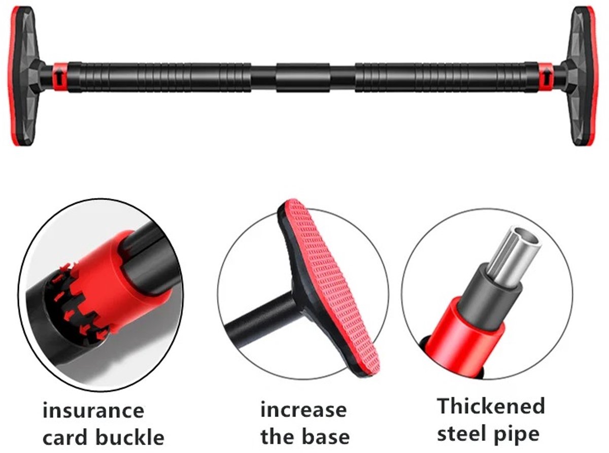 NaevaMi Pullup Bar - Optrekstang - Pull Up Bar Deur - Thuis Sporten - Fitnessbar - Hometrainer Stang - Calisthenics Bar - Horizontaal - Solide - 90 tot 130 cm - Zwart Rood