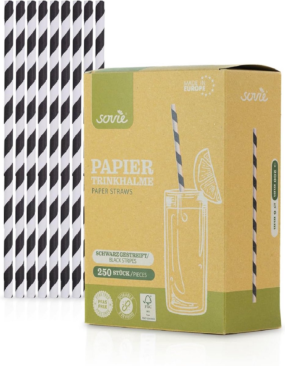 Zwart-witte gestreepte papieren rietjes FSC 250 stuks