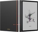 Zwart e-paper apparaat, voor- en achterkant getoond. De voorkant toont een schets van een architecturaal ontwerp.