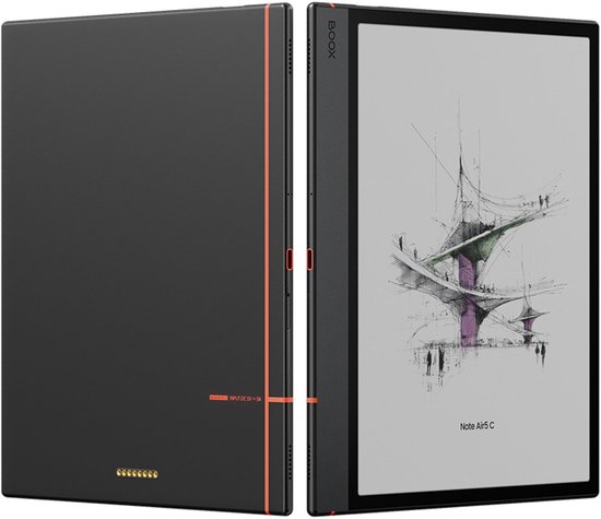 Zwart e-paper apparaat, voor- en achterkant getoond. De voorkant toont een schets van een architecturaal ontwerp.