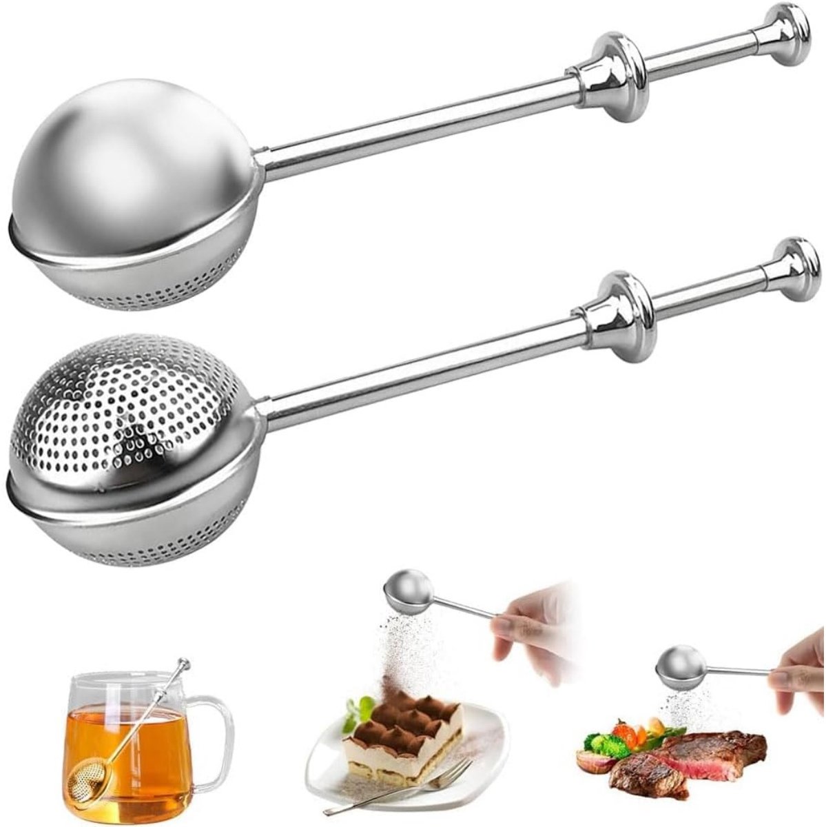 GELLDG Theetang - 2-pack - Thee-eieren met telescopisch handvat - Theezeefje - Losse theezeef - Thee-ei van roestvrij staal 304 -Meelzeef/stofafscheider van roestvrij staal - Geschikt voor suiker, meel, specerijen, cacaopoeder