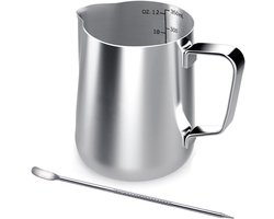Handmelkopschuimer van roestvrij staal - 350 ml - met maatverdeling en latte art-naald - Barista-accessoire - Ideaal geschikt voor het maken van koffiemelk en cappuccino/espresso.