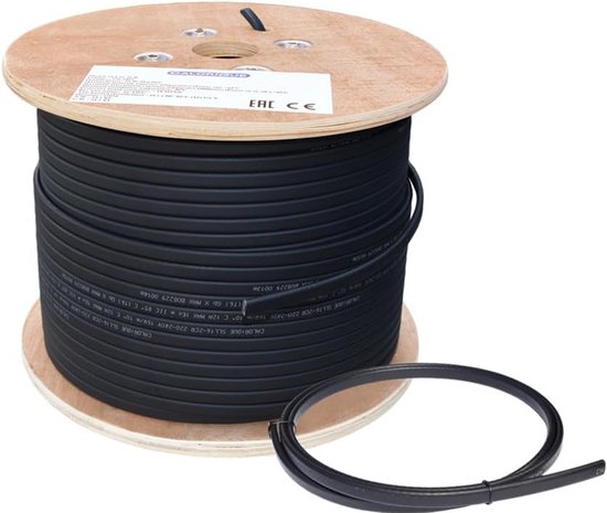 Zwarte verwarmingskabel op houten haspel, met een extra stuk kabel ernaast.