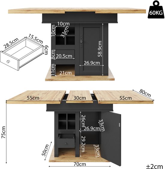Afmetingen van de uitschuifbare donkergrijze eettafel met houten blad. Met opklapbare zijbladen, wijnrek, lade en opbergvakken.
