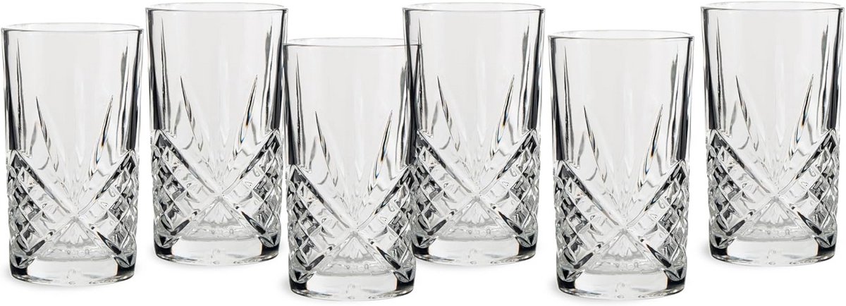 Set van 6 Longdrink Glazen 350 ml - Robuuste Highball Glazen in Geslepen Kristalglas