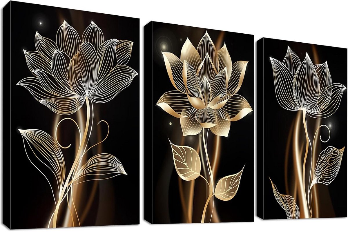 Set van 3 Abstracte Houten Schilderijen - Moderne Bloemenkunst in Zwart, Bruin & Goud voor Woonkamer