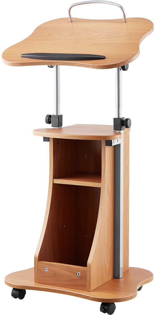 43-inch houten podiumstandaard met verstelbare hoogte, vergrendelbare wielen, ruim leesoppervlak en open opbergruimte voor presentaties, lezingen of toespraken