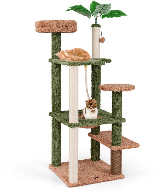 COSTWAY Krabpaal, 152 cm, kattenboom met platforms, sisalpalen, speeltouw, speelgoed, slaapbed, vachtverzorgingsborstel en kunstplant, kattentoren, kattenmeubel, katten, kattenkrabpaal van hout, groen