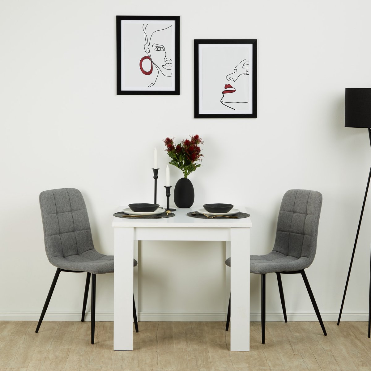 Homestyle4u Eethoeken - 80x80 cm - met 2 stoelen - Eettafel wit - Stoelen grijs