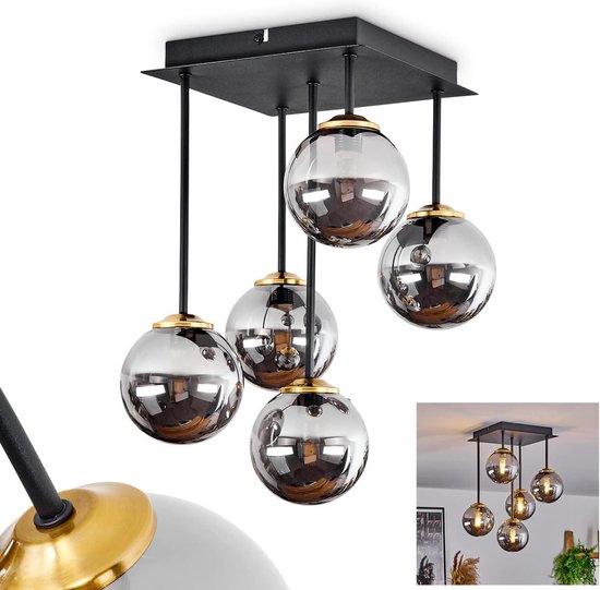 Industriële hanglamp Téo zwart, GU10 spots en drie rookglazen kappen Industriële hanglamp Téo zwart, GU10 spots en drie rookglazen kappen