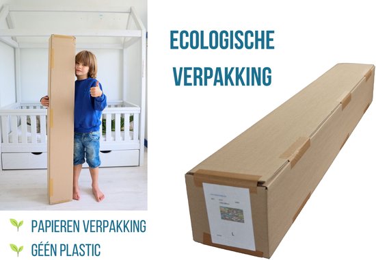 Jongen met verpakkingsdoos. Tekst: 'Ecologische verpakking', 'Papieren verpakking', 'Géén plastic'.