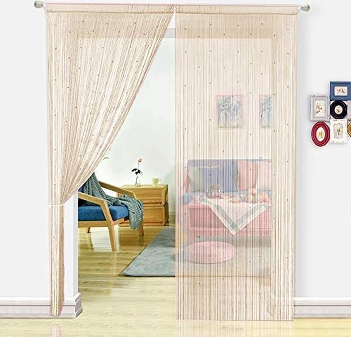 Stunq® Parelgordijn voor deuren, woonkamer, als ruimteverdeler of decoratie, textiel, champagnekleurig, 244 x 229 cm