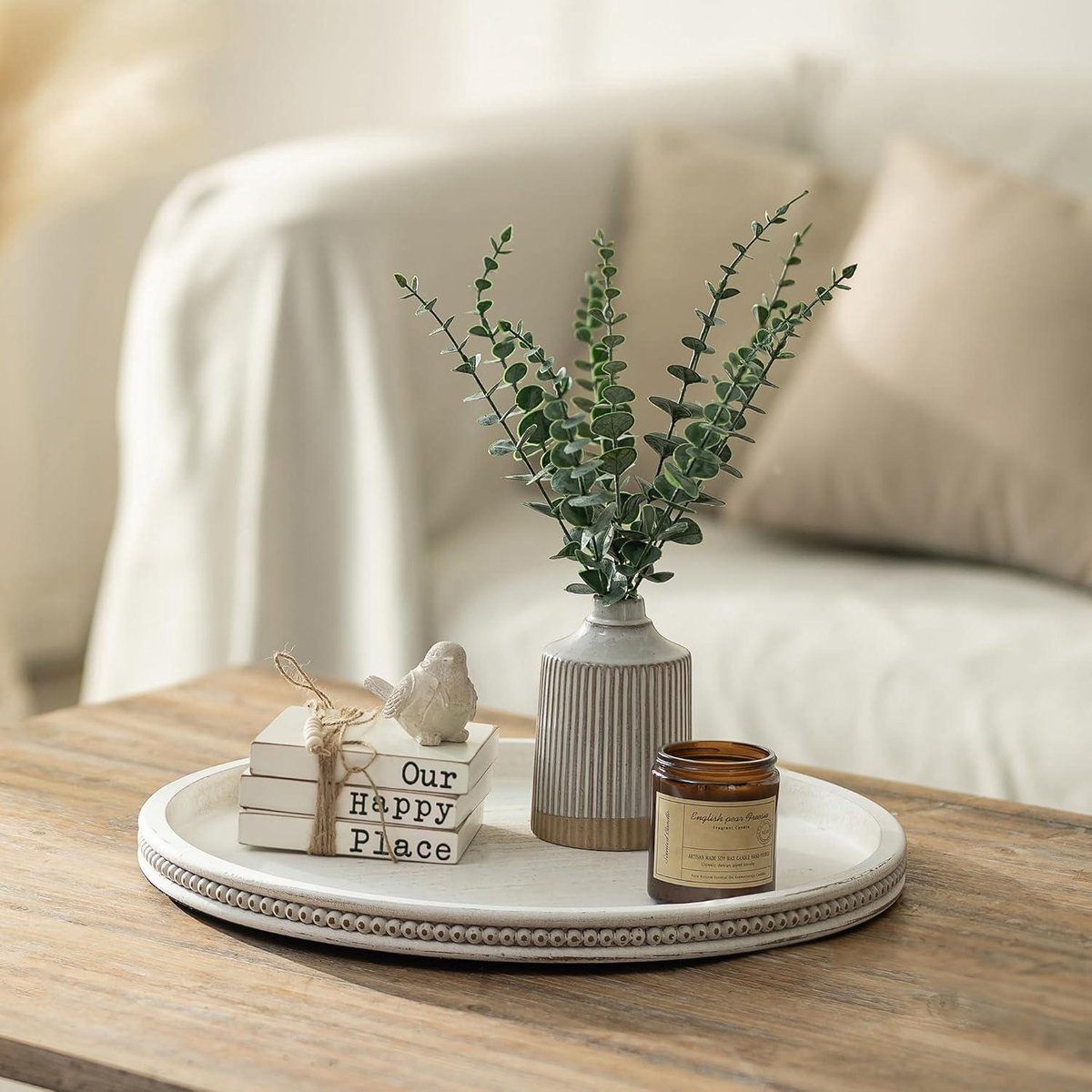 Cosensi - Decoratieve witte salontafel lade van 45 cm | Rustieke houten dienblad voor boerderij Ottomaanse | Vintage middelpunt voor thuis | Grote cirkelvormige decor | Toonbank accent stuk