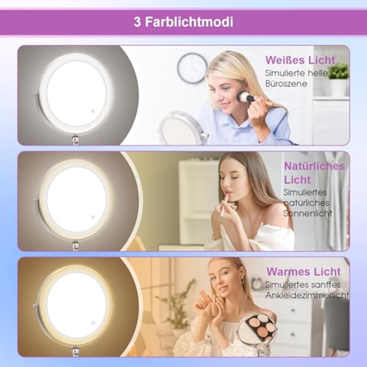 Make-upspiegel 9 inch met verlichting, make-upspiegel met verlichting, 5-voudig, 1 x gelijktijdige vergrotingsspiegel, oplaadbaar, touch-control, opvouwbaar