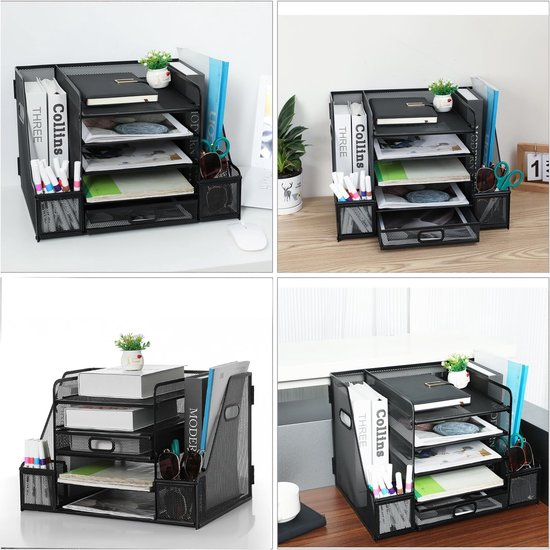 SUPTIDY Bureau-organizer met documenthouder, 5-traps papierorganizer met lade, mesh bureau-documentorganizer met tijdschriftenhouder voor kantoororganizer bureau-roze