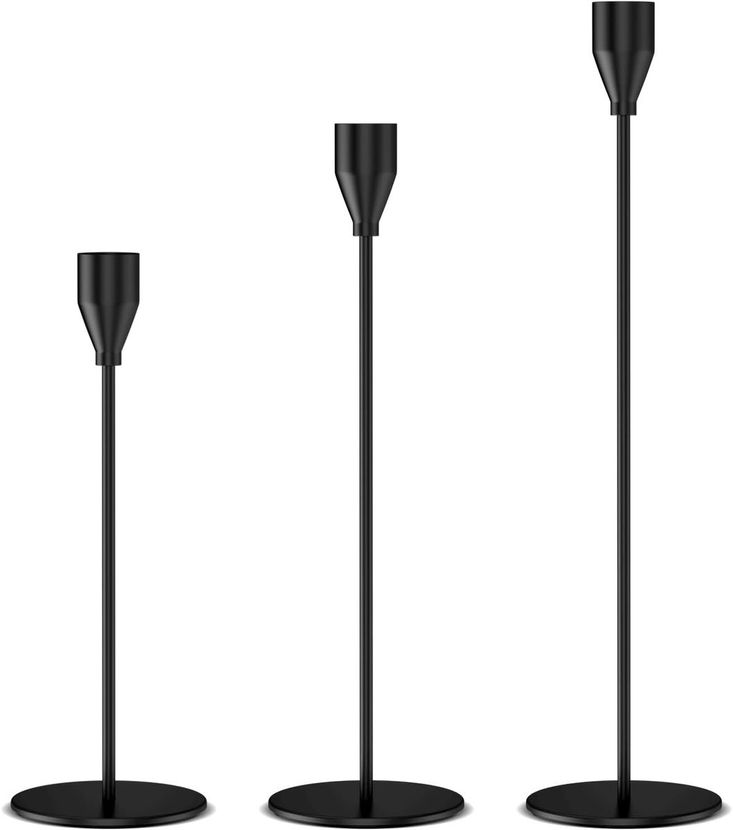 Stunq® kandelaar zwart set van 3, 33/28/22 cm stokkaarshouder, metalen kandelaar stokkaars, vintage decoratieve kandelaar voor diner bij kaarslicht, woondecoratie, bruiloft, kastdecoratie