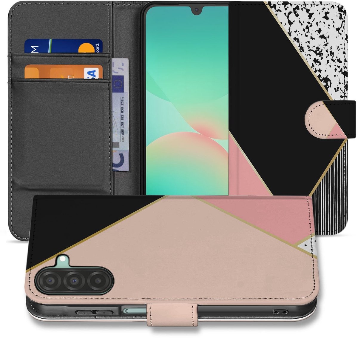 Samsung Galaxy A17 Bookcase Zwart Roze Vormen Met 3 Pasjes