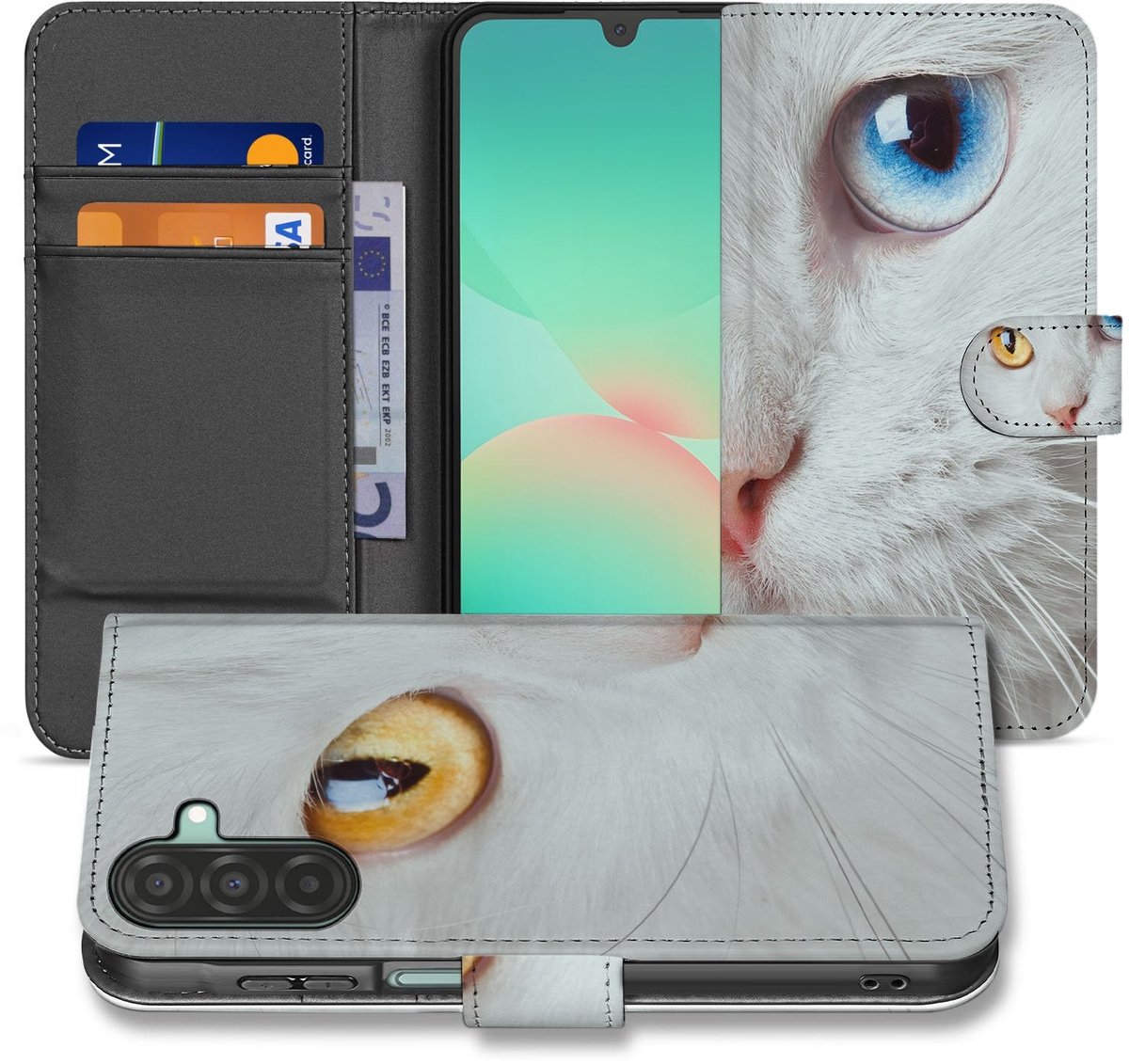 Samsung Galaxy A17 Telefoonhoesje met Pasjes Witte Kat