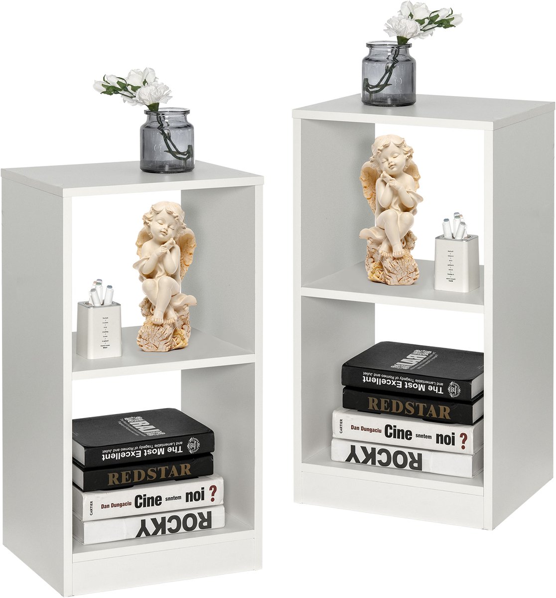 Costway Set van 2 houten boekenkasten, 2 cd-planken met 2 niveaus en kantelbeveiliging, vrijstaande opbergplanken van hout, opbergrekken voor werkkamer, slaapkamer, woonkamer, wit