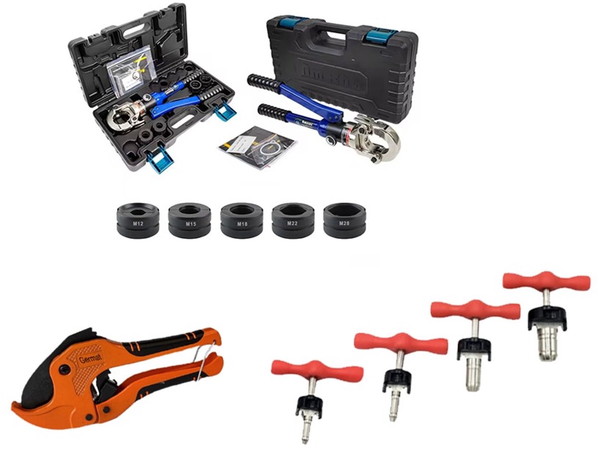 Complete Waterleiding Gereedschap Set M – Hydraulische Perstang M 12-15-18-22-28 – Buiskniptang 42 mm – Ontbraamset – Geschikt voor PEX & Meerlagenbuis