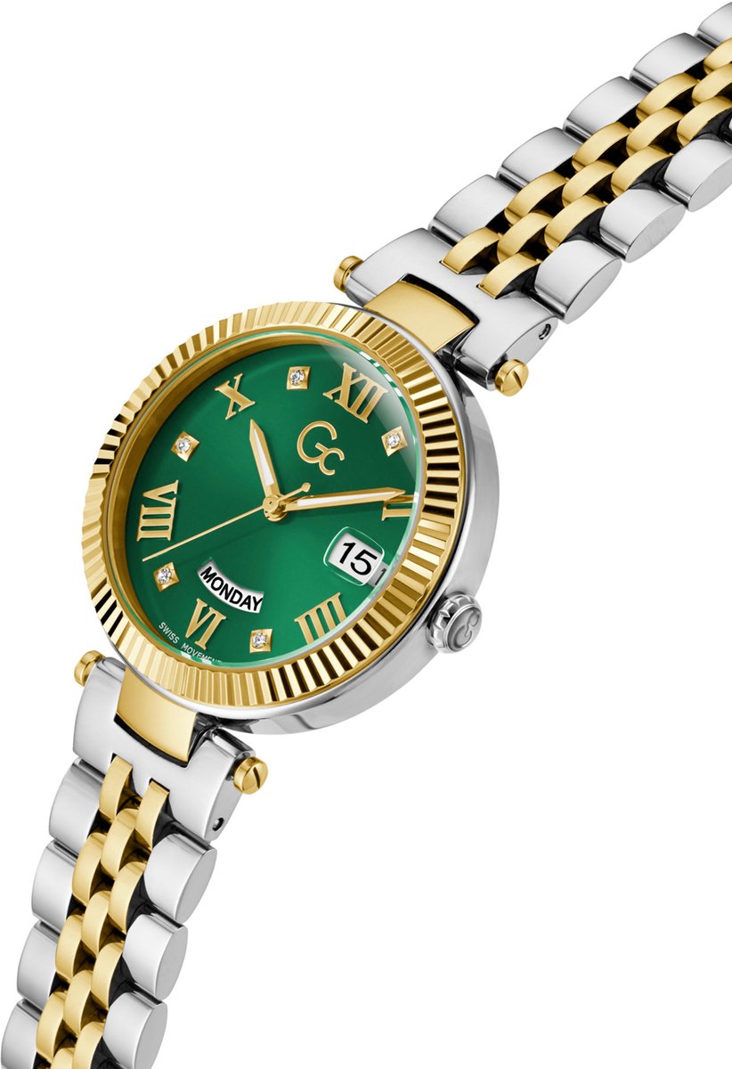 Gc Gc Flair Quartz Day Date Watch Zilver En Geel Goud Case: 100% Roestvrij Staal | Armband: 100% Roestvrij Staal 34 mm Z01017L3MF, Z01019L9MF