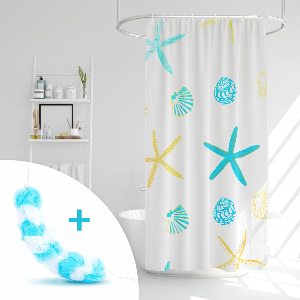 Douchegordijn Set Met Bad Spons – 180 × 180 Cm – PEVA BPA-Vrij – Semi-Transparant – Met 12 Ophangringen – Inclusief Rugwasspons – Voor Douche En Badkamer – Onderhoudsvriendelijk [11526A]