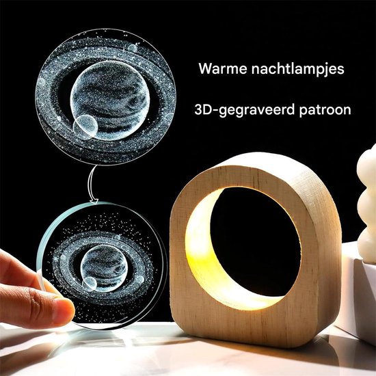 Ynkkvre -Saturnus 3D Kristallen Nachtlamp - K9 Kristal met Houten Basis - Galaxy Planeet LED Nachtlicht - Astronomie Decoratie & Cadeau voor Kinderen en Volwassenen van Ynkkvre — afbeelding 5