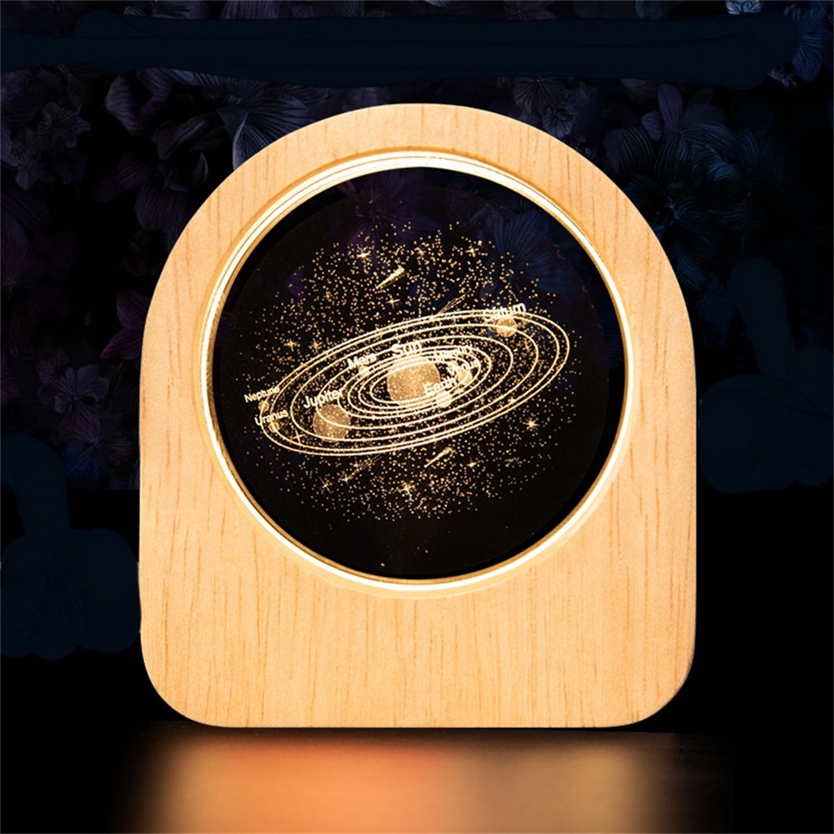 Ynkkvre -Kristal - Hout - Nachtlamp Woondecoratie Met 3D Zonnestelsel En Lasergravure - 1 Stuk - Voor Liefhebbers Van Ruimte En Universum Beige