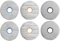 Zes ronde dweilpads met gekleurde ringen.