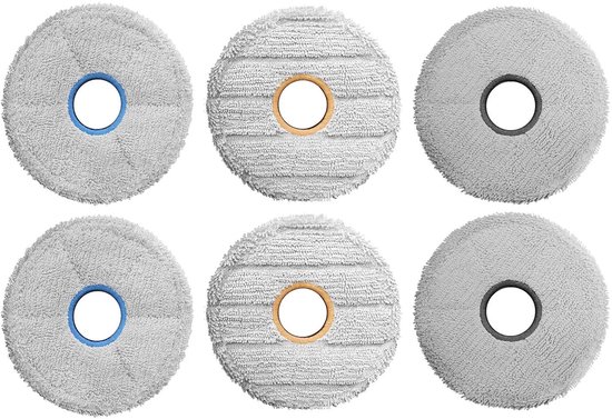 Zes ronde dweilpads met gekleurde ringen.