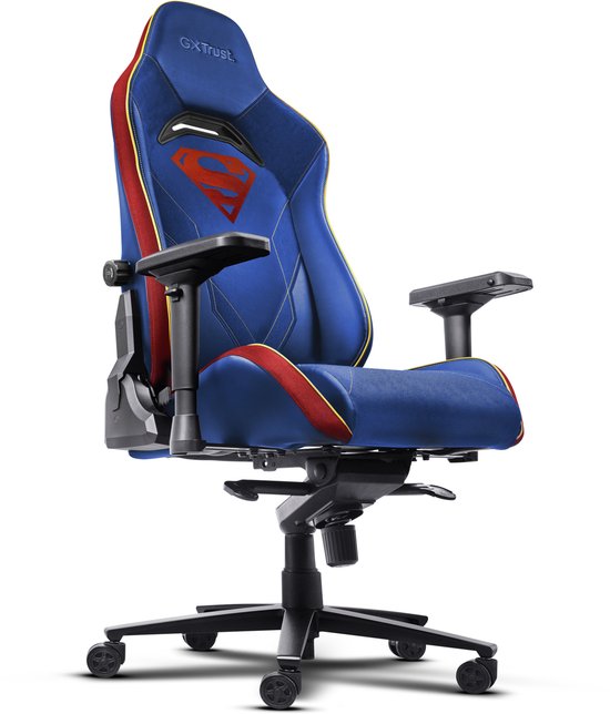 Blauwe Superman gaming stoel met rood-gele bies, Superman logo op de rugleuning en verstelbare armleuningen.
