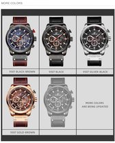 Overzicht van KINGSEVEN 9507 horloges in verschillende kleuren: zwart-bruin, zwart, zilver-zwart en goud-bruin.