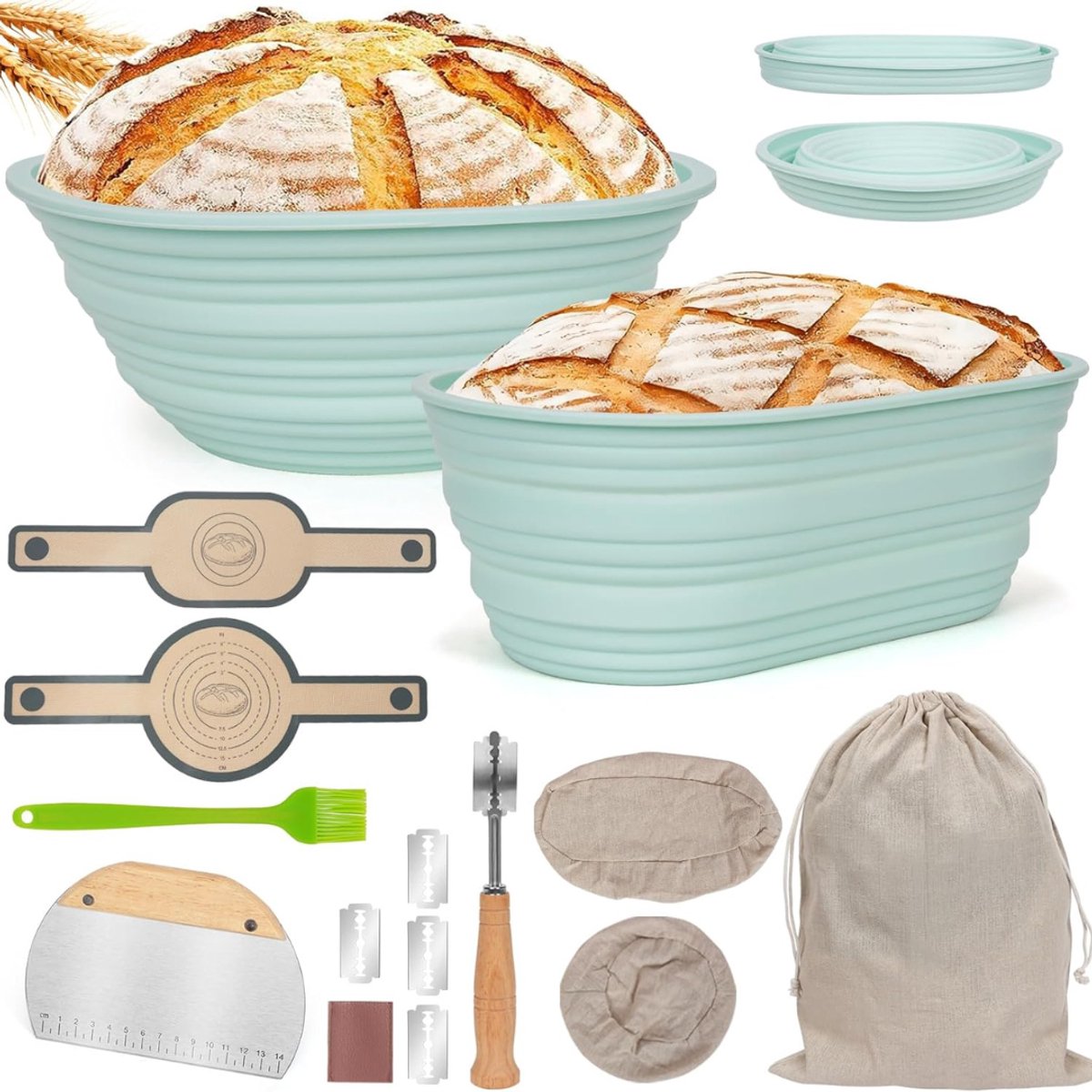 Zuurdesem Starter Set - Broodbak Met Rijsmand - Sourdough -Lichtblauw