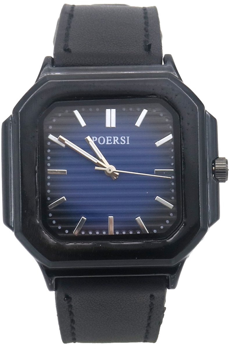 Horloge - quartz - PU band - zwart-blauw