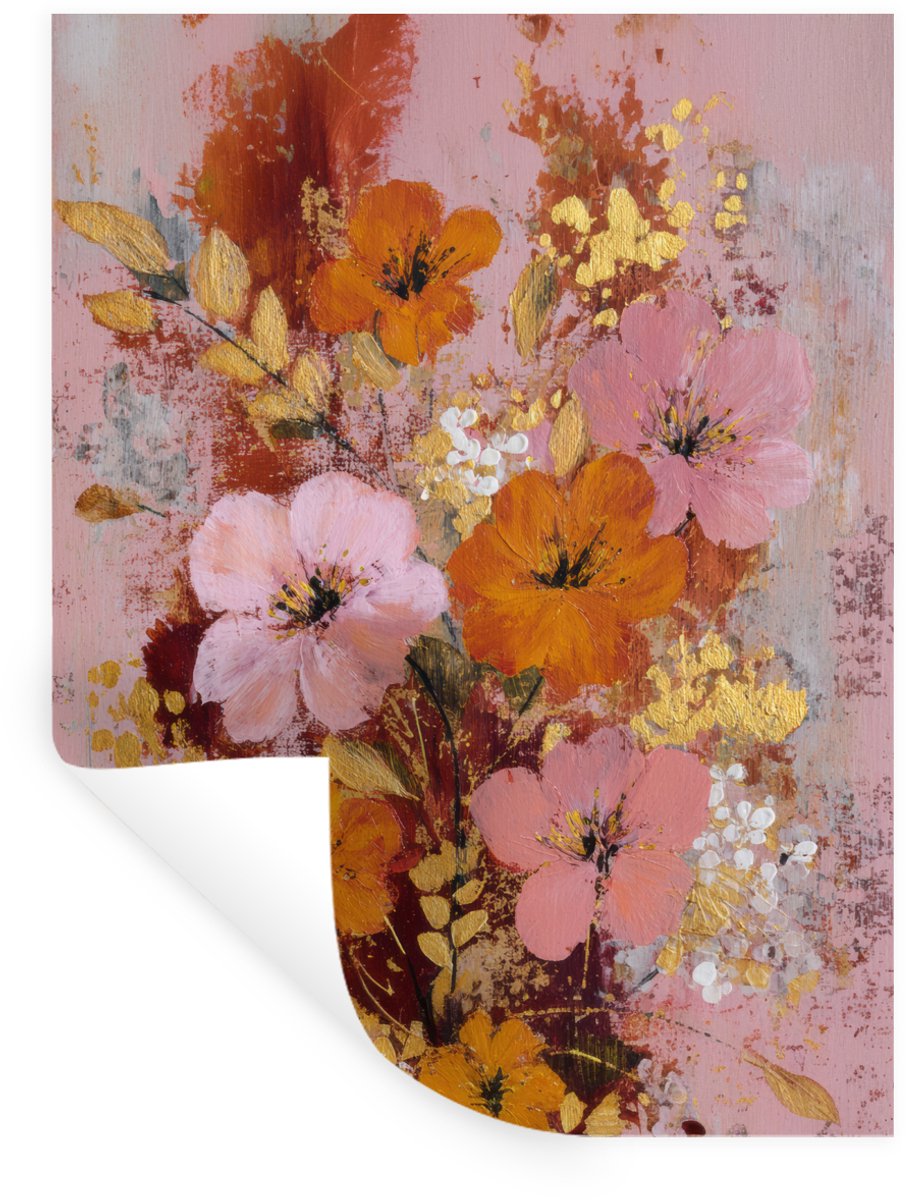 Muurstickers - Sticker Folie - Schilderij - Bloemen - Rustiek - Roze - 60x80 cm - Plakfoli