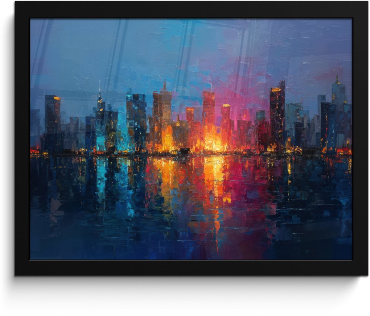 FrameYourWall Poster in lijst - Fotolijst 40x30 cm - Posters - Skyline - Penseelstreken - Donkerblauw - Lichtgevend - Posterlijst zwart - Decoratie - Wanddecoratie woonkamer - Muurdecoratie slaapkamer
