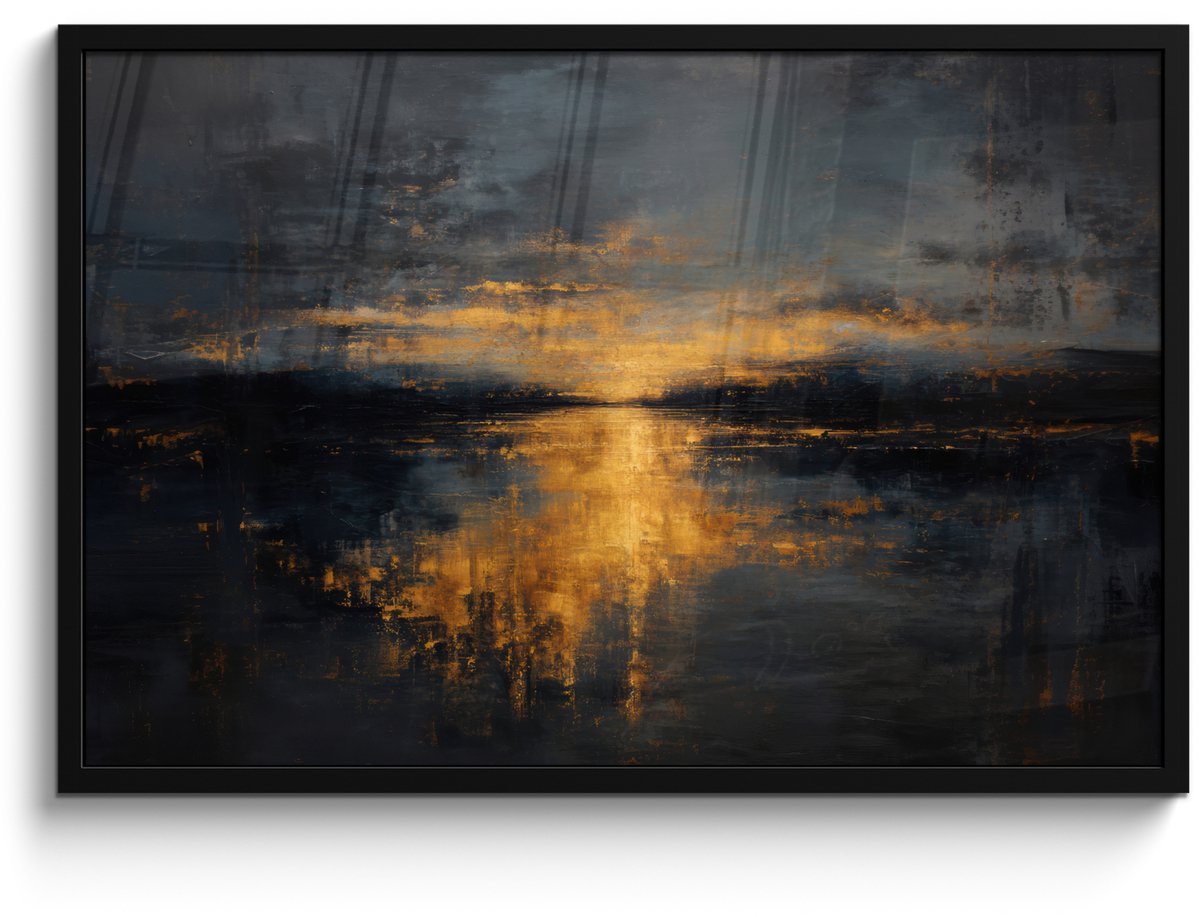 FrameYourWall Poster in lijst - Fotolijst 90x60 cm - Posters - Gouden Reflectie op Water - Posterlijst zwart - Decoratie - Wanddecoratie woonkamer - Muurdecoratie slaapkamer Water - Goud - Reflectie