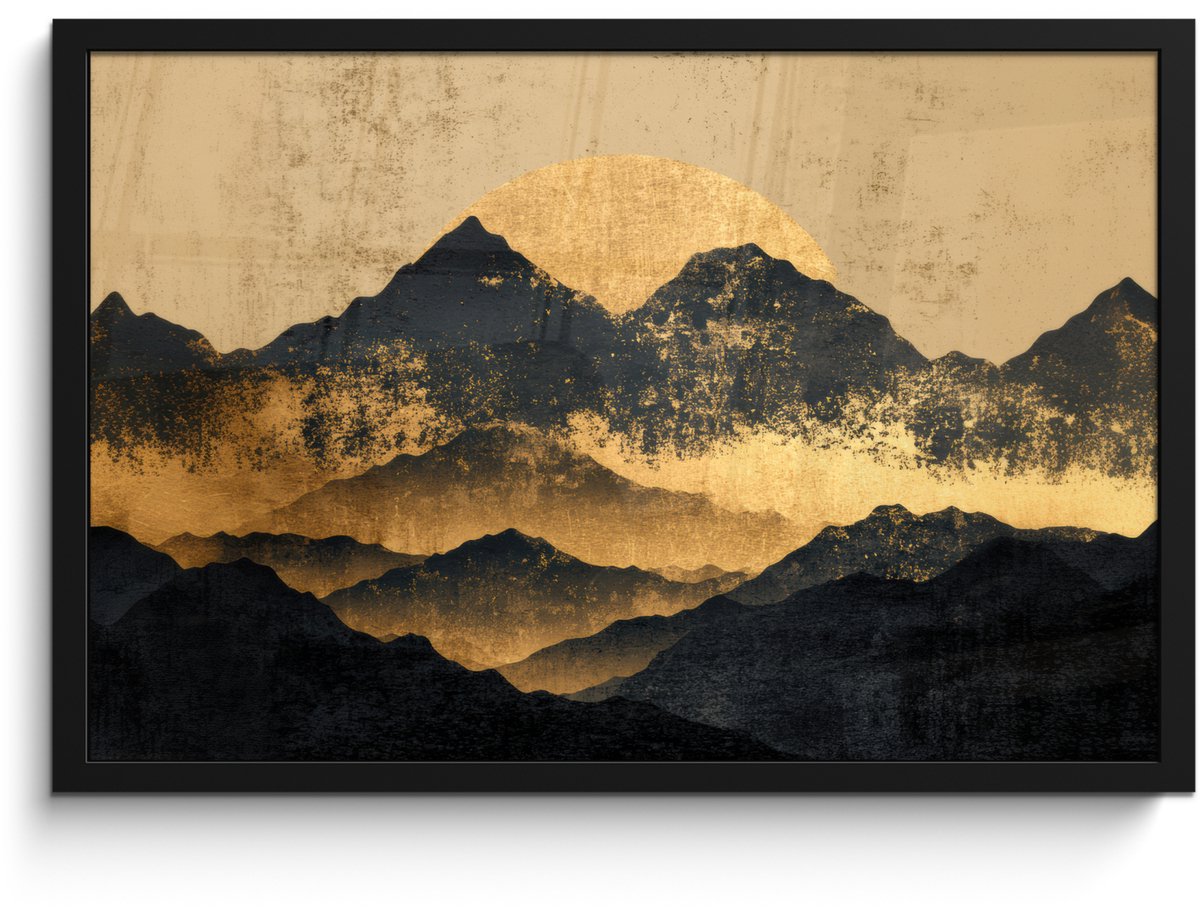 FrameYourWall Poster in lijst - Fotolijst 60x40 cm - Posters - Gouden Bergen bij Maanlicht - Posterlijst zwart - Decoratie - Wanddecoratie woonkamer - Muurdecoratie slaapkamer Bergen - Goud - Schilderij