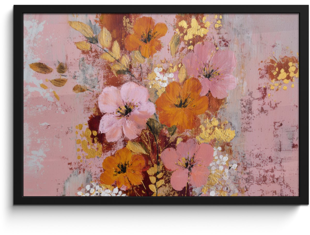 FrameYourWall Poster in lijst - Fotolijst 60x40 cm - Posters - Schilderij - Bloemen - Rustiek - Roze - Posterlijst zwart - Decoratie - Wanddecoratie woonkamer - Muurdecoratie slaapkamer