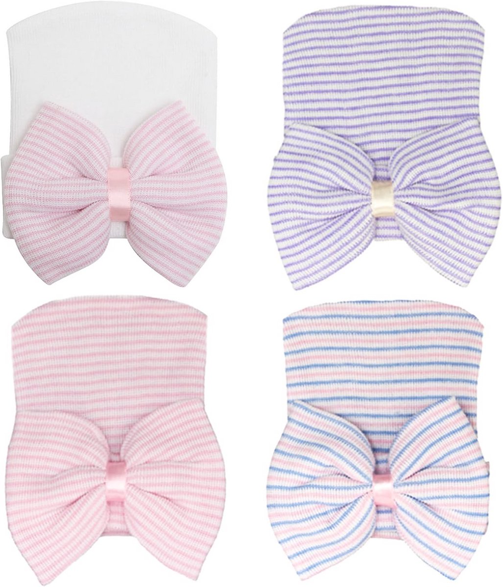 Pasgeboren Ziekenhuis Hoed - 4 Pcs Baby Cap met Grote Boog - Zachte en Leuke Knop - Nursery Beanie