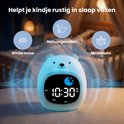 Een blauw gloeiend berenwekker met digitale tijd, omringd door geluidsgolven die "white noise", natuurlijke geluiden en melodieën suggereren.