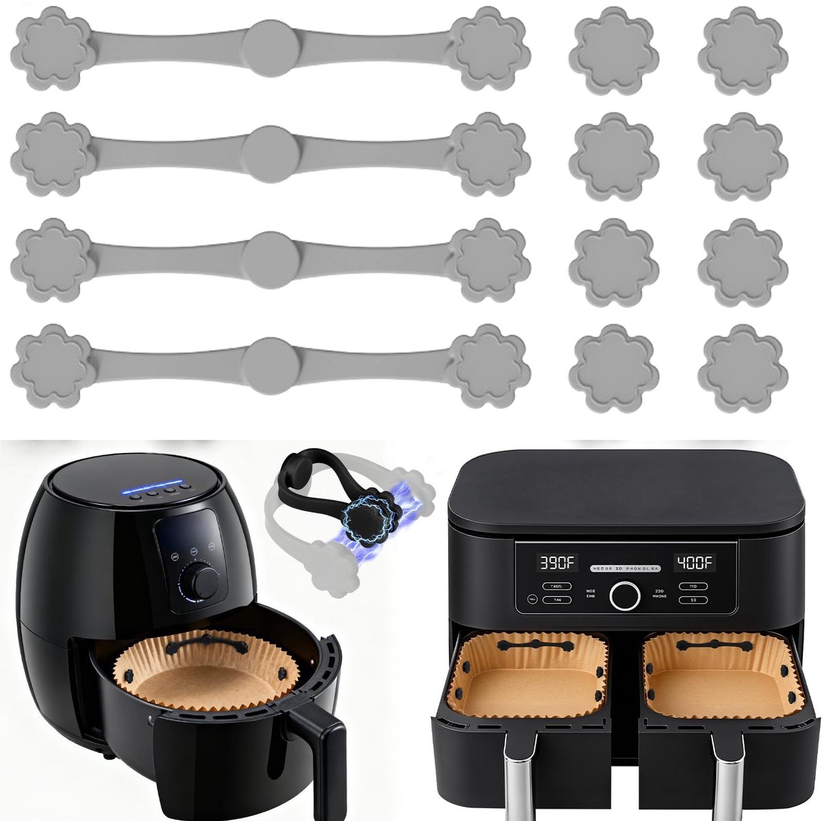 12 stuks siliconen magneetstrip - voor airfryer - magneten voor het bevestigen van bakpapier om aanbranden van voedsel te voorkomen - magnetische blokken - grijs