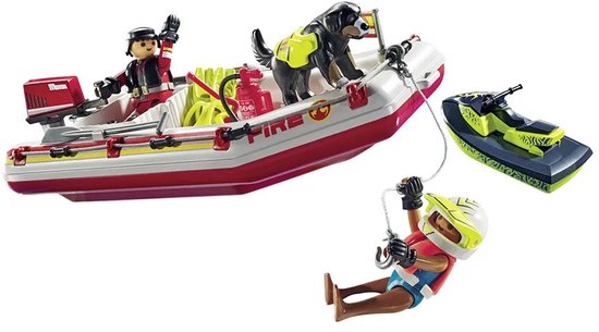 Brandweerboot met duiker, reddingshond, waterscooter en persoon aan touw.
