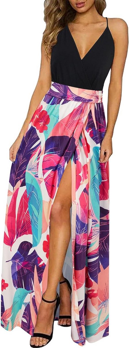 Zomerjurk Dames V-hals Korte Mouw Casual Boho Maxi Jurk